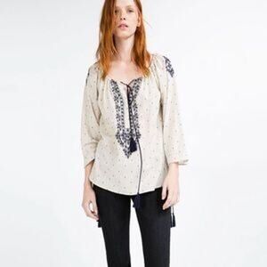 Zara Basic Boho Tunic Top Blouse Oatmeal Navy Blue Embroider Tassel Bib XS